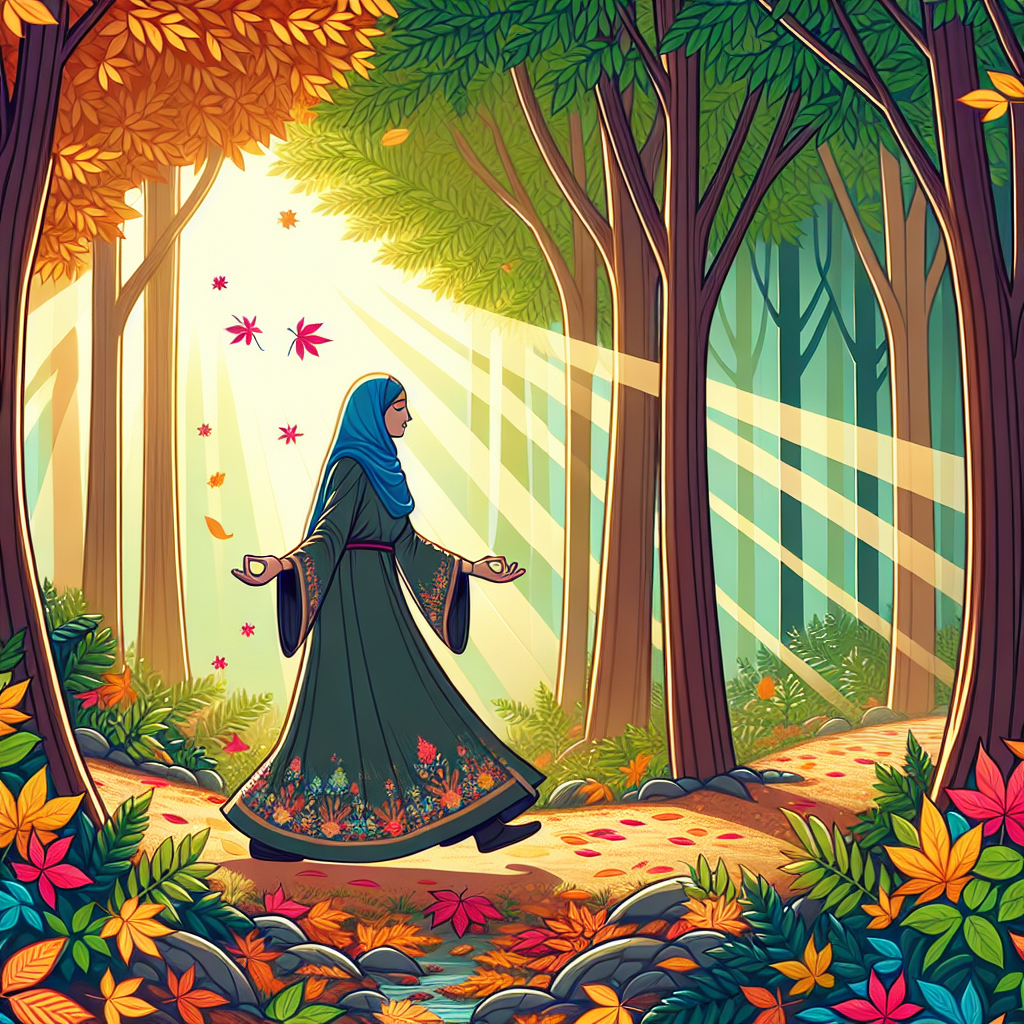 A picture of a person engaging in mindful walking in a beautiful forest. The image focuses on the individual's feet stepping on a path covered with colorful autumn leaves, with beams of sunlight filtering through the trees, highlighting the sense of focus and connection with nature.