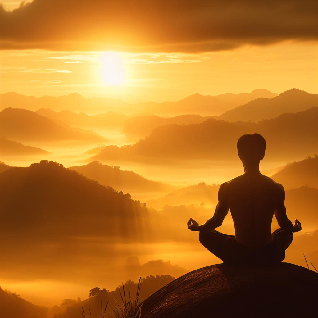 A serene landscape at dawn with a person sitting in a meditative pose atop a hill