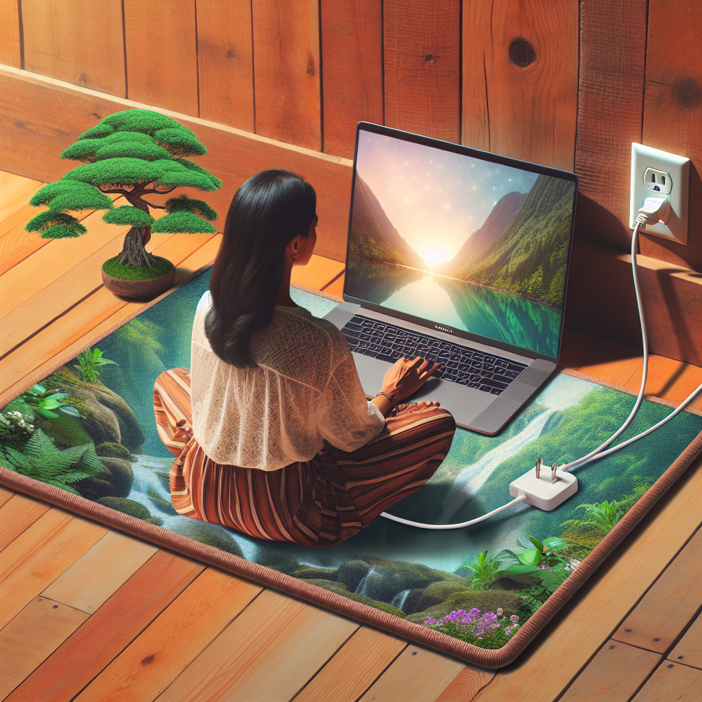 An image of a person sitting at a desk with their feet on a grounding mat, connected to a laptop, with a serene nature background on the screen. The mat is visibly plugged into an outlet, symbolizing the connection between modern technology and ancient grounding practices.