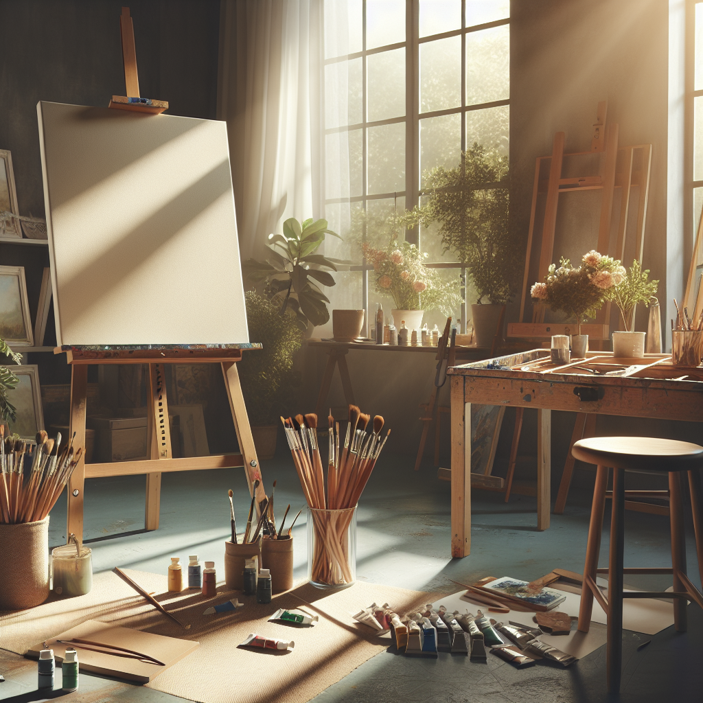 A serene art studio with various art supplies scattered around—paintbrushes, tubes of paint, sketchbooks, and a half-finished canvas. Soft sunlight streams through a large window, illuminating the creative space and setting a peaceful, inspirational atmosphere.
