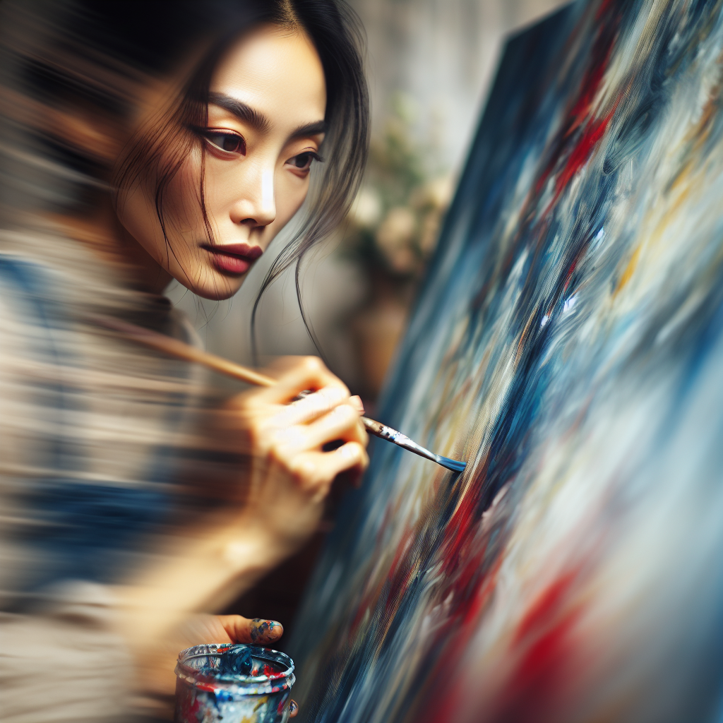 An artist deeply engrossed in painting, with focused eyes and gentle brush strokes working on a vibrant, abstract piece. The background is blurred to emphasize the artist's concentration, symbolizing the meditative flow state described in the section.