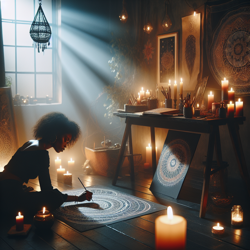 A quiet, dimly lit room with an individual engaged in a personal art ritual, drawing mandalas or creating a vision board. Candles and incense in the background add to the ritualistic ambiance, highlighting the creative process as a sacred practice.