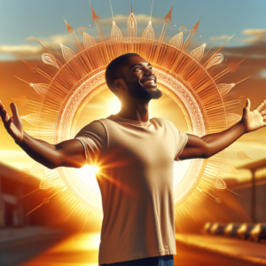 A vibrant image of a person standing with arms outstretched facing the sunrise, symbolizing the start of a new day filled with positive emotions and optimism. The warm golden light washes over their face, reflecting happiness and gratitude.