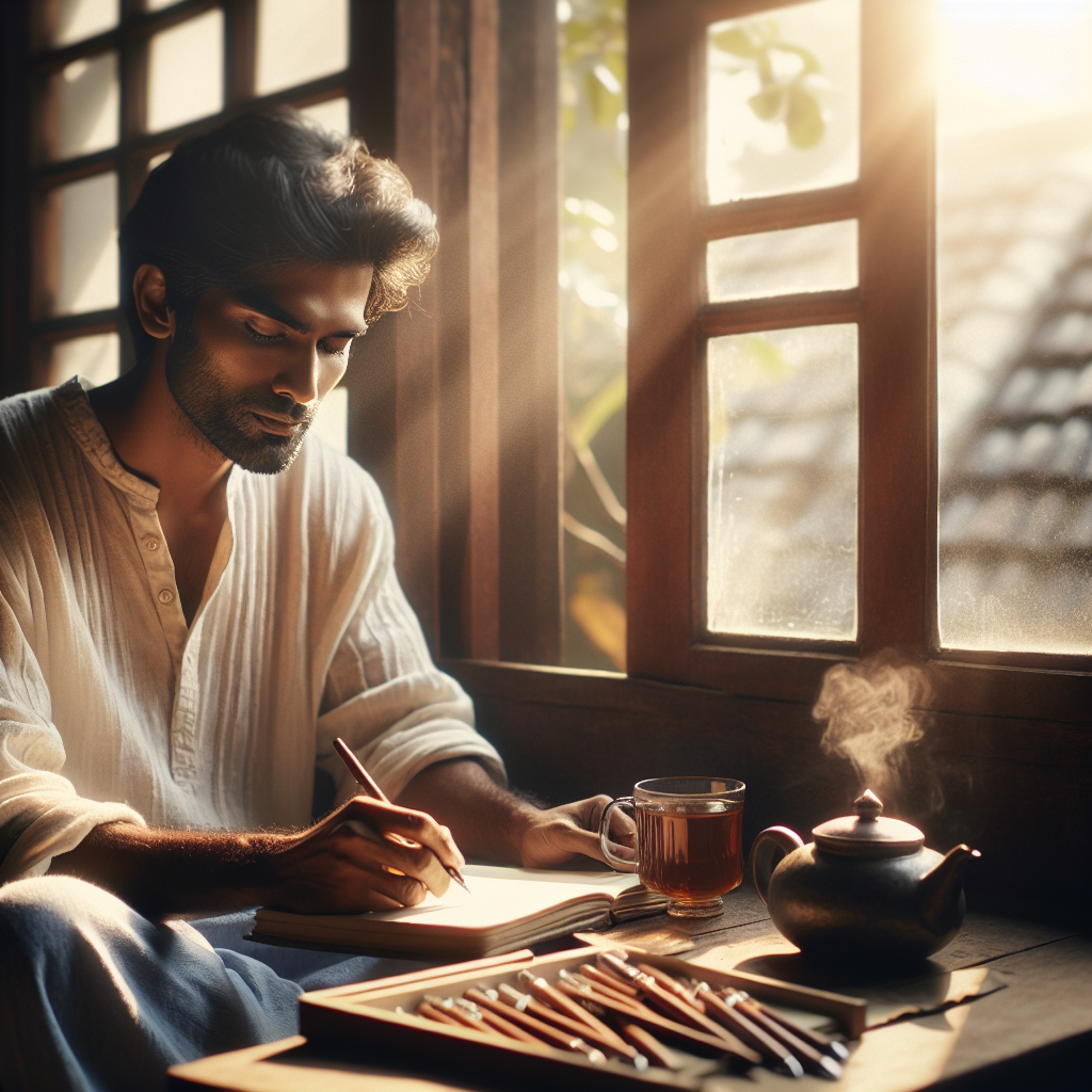 A serene morning scene with a person sitting by a window, journal in hand, writing with a look of peaceful reflection. Sunlight streams through the window, casting a warm glow on a table scattered with pens and a steaming mug of tea.