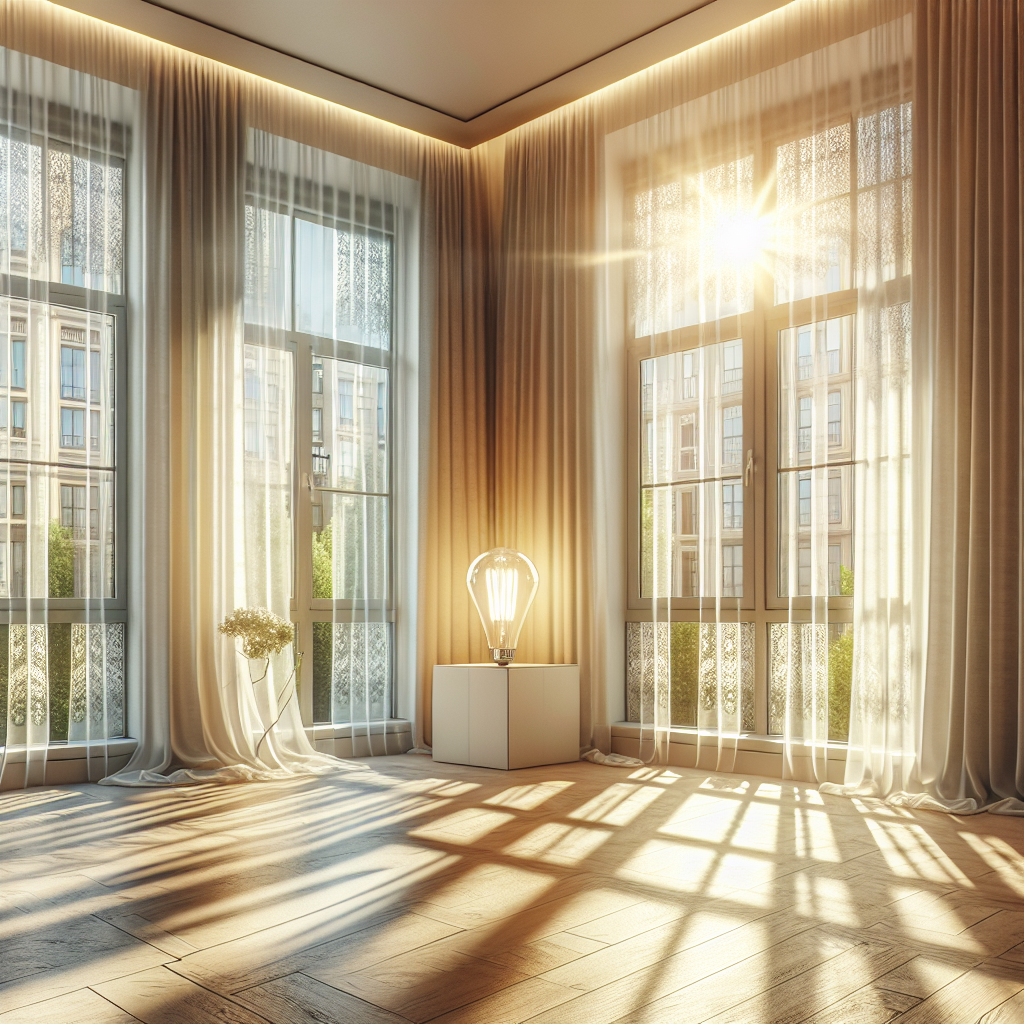 A bright and airy living room with large windows allowing ample natural light to flood the space. The windows are adorned with sheer, light curtains that gently diffuse the sunlight. A full-spectrum light bulb is placed in a corner, mimicking natural daylight.