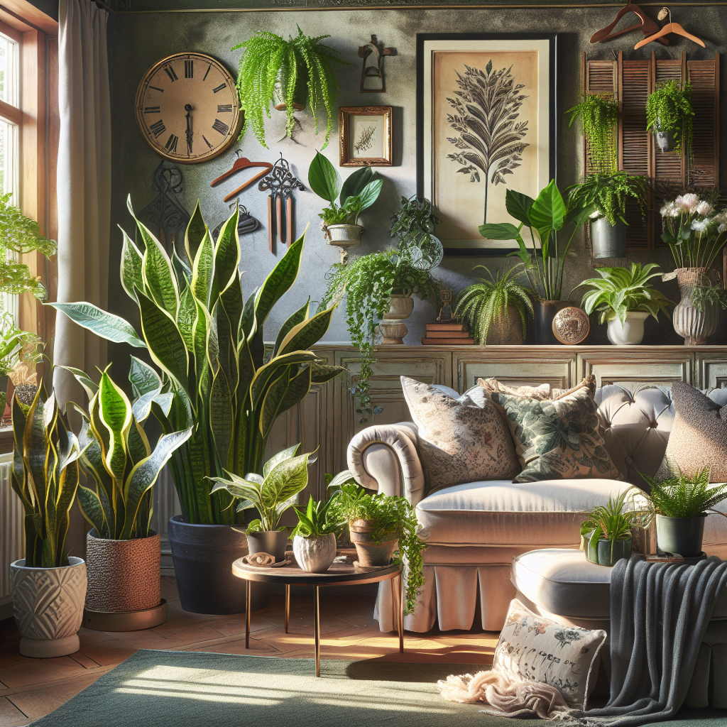 A cozy corner of a living room adorned with low-maintenance indoor plants like snake plants, pothos, and peace lilies. The greenery adds a touch of nature, enhances air quality, and contributes to a stress-free ambiance.