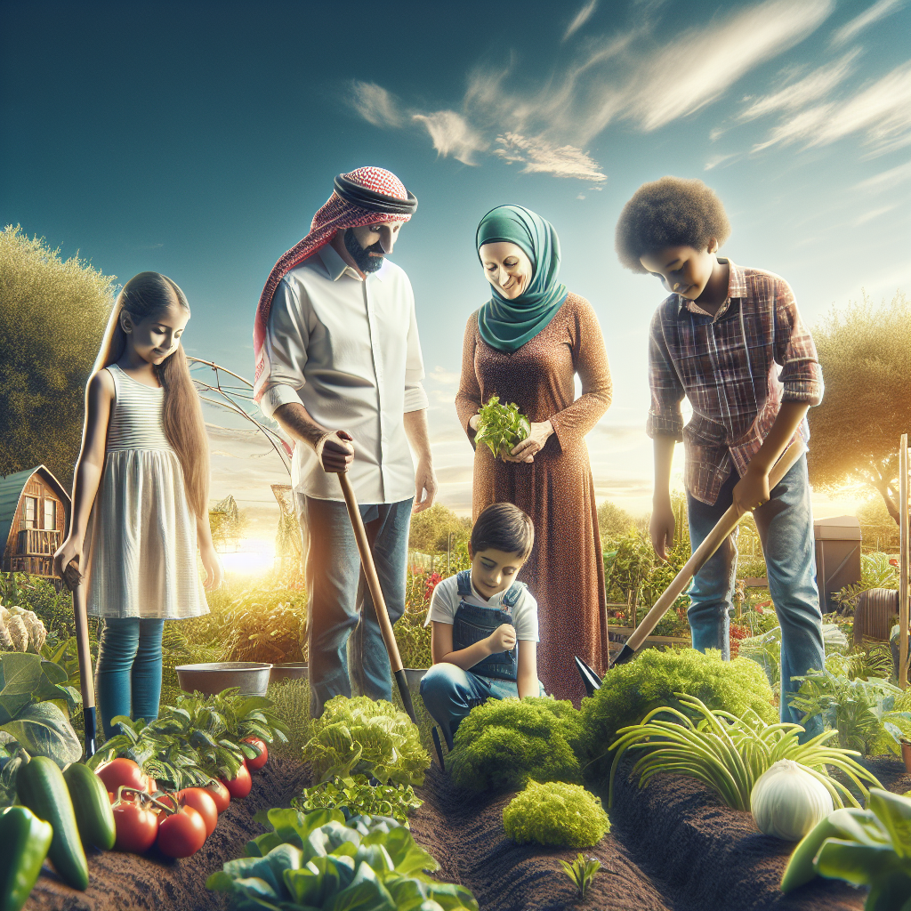 A picturesque scene depicting a family tending to their lush, sustainable vegetable garden on a sunny day.