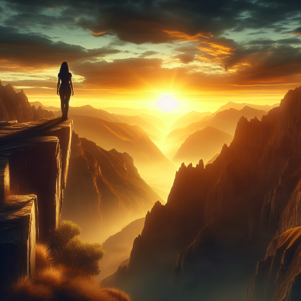 A powerful image of a person standing at the edge of a cliff at sunrise, looking out over a vast, rugged landscape.