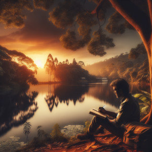 A serene image of a person sitting outdoors with a notebook and pen, surrounded by nature. The background includes trees, a lake, and a beautiful sunset, conveying a sense of tranquility and introspection.