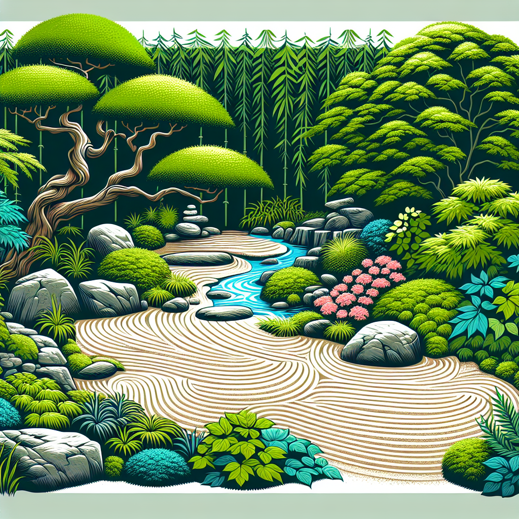 A calming Zen garden with raked sand, rocks, greenery, and a stream