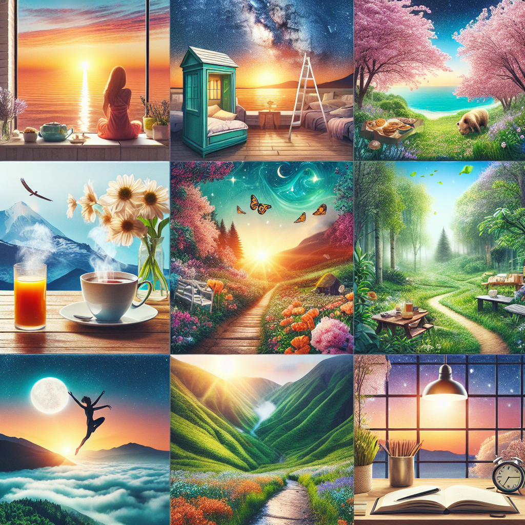 A collage showing activities for a perfect day, including sunrise, breakfast, hiking, picnic, yoga, and evening reading