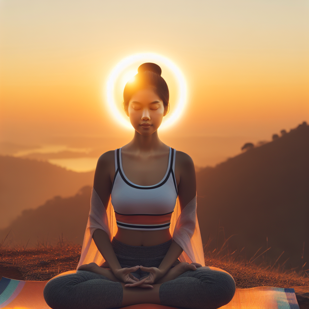 A serene person meditating on a yoga mat on a hilltop during sunrise, with a light aura around their head, symbolizing enhanced brain function and concentration.