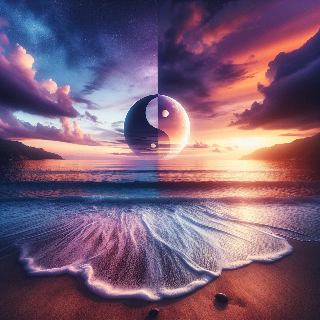 A serene, panoramic view of a tranquil beach at sunset, illustrating a sense of calm and relaxation amidst the beauty of nature.