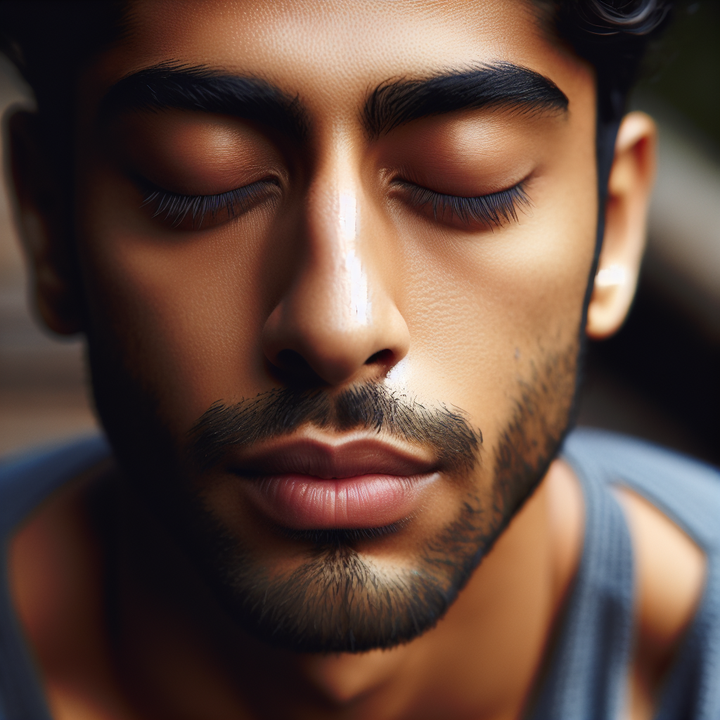 A close-up of an individual practicing mindful breathing with their eyes closed, taking a deep breath. Their face looks peaceful and relaxed, embodying the calm that can be achieved through this technique.