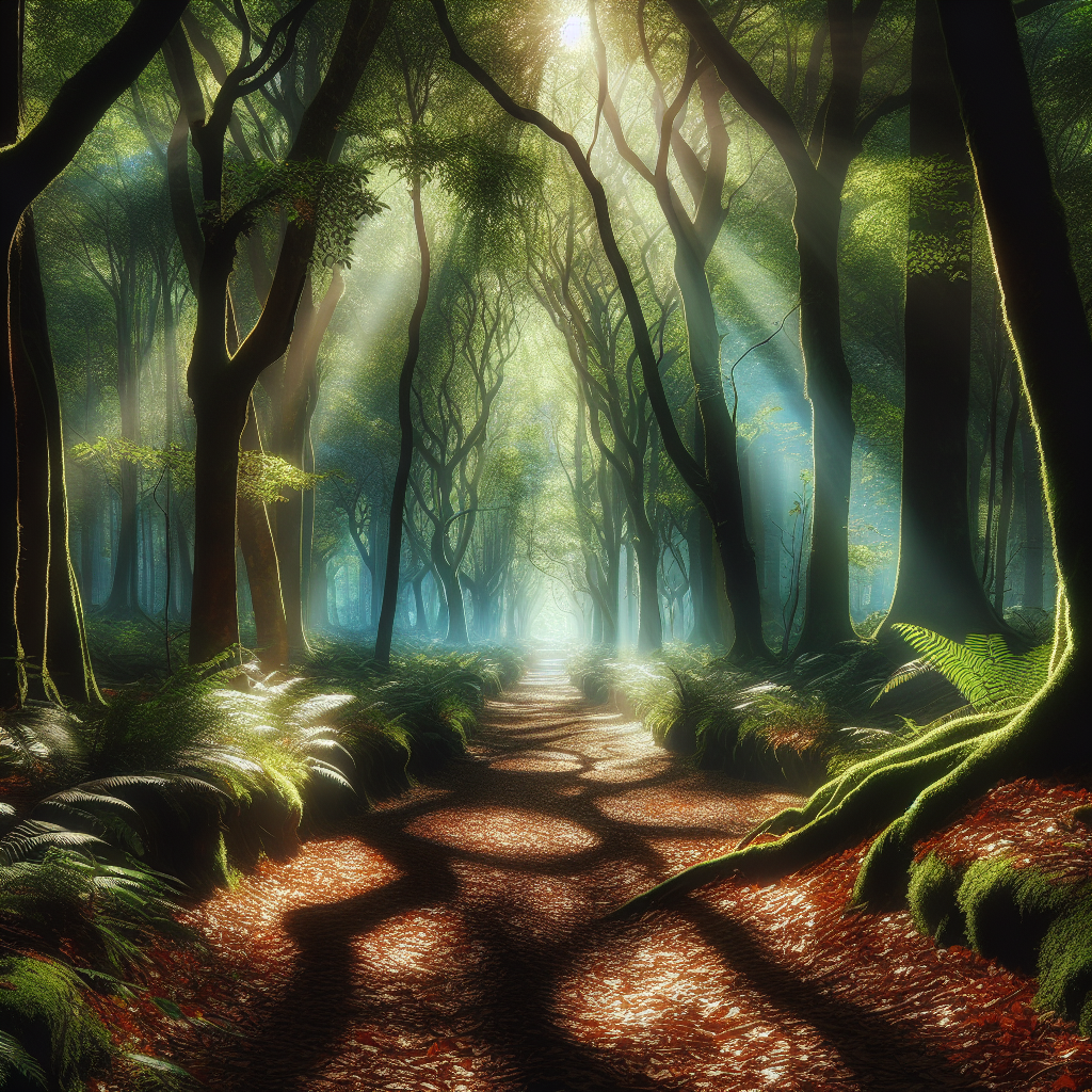 A lush forest pathway, dappled with sunlight filtering through the trees. This image evokes a sense of peaceful escape and emphasizes the tranquility that guided imagery can bring to the mind.