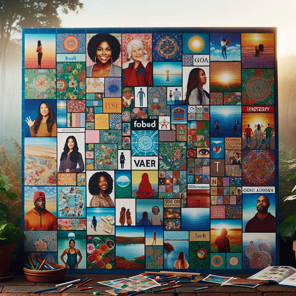 A beautifully crafted vision board filled with vibrant images, inspiring quotes, and meaningful symbols, placed against a serene background, emphasizing the importance of visual reminders for goal setting.