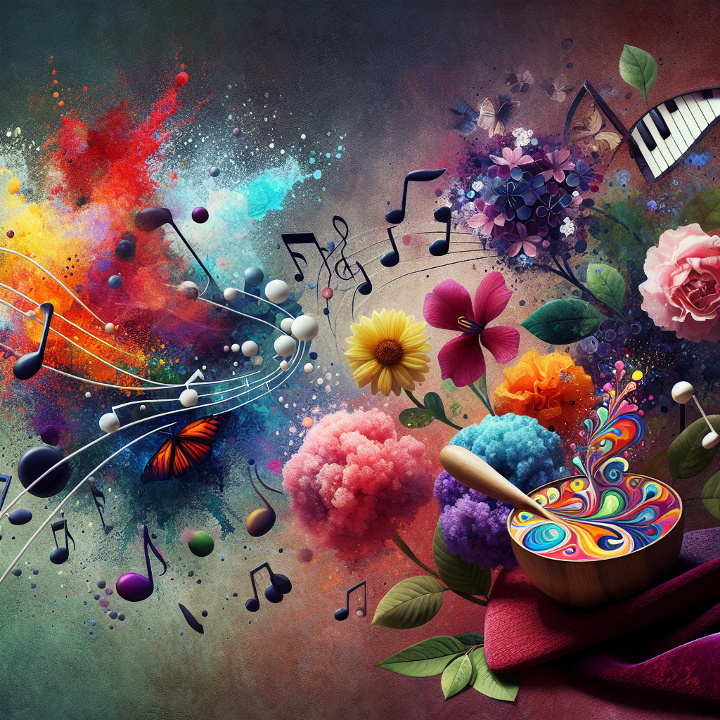 An abstract image that incorporates elements representing all five senses: vibrant colors for sight, musical notes for sound, flowers for smell, a flavorful dish for taste, and a soft fabric for touch, illustrating the multisensory aspect of this technique.