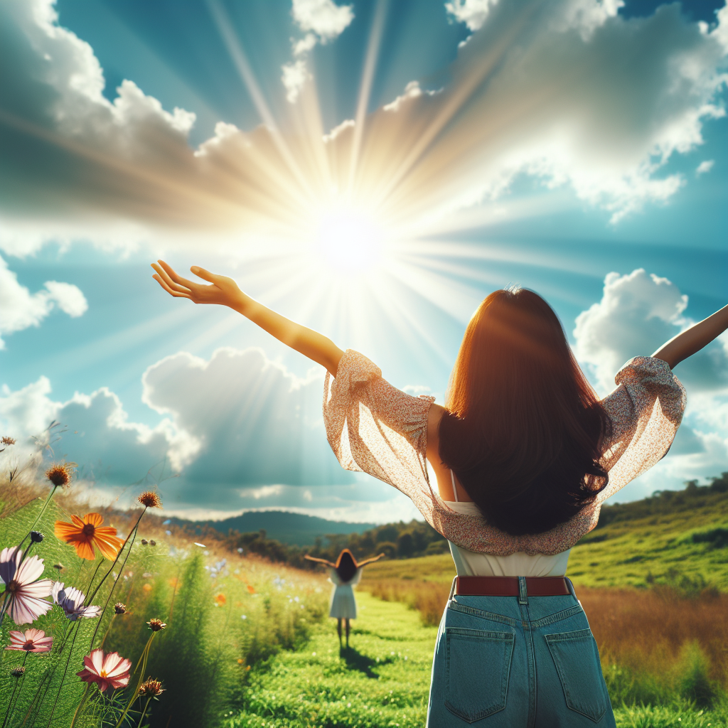 A person standing with arms wide open in a picturesque meadow, basking in the sunlight, representing self-acceptance and embracing positivity.