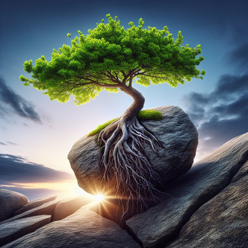 A strong, young tree growing through and splitting a rock, symbolizing resilience, strength, and the ability to thrive despite obstacles.
