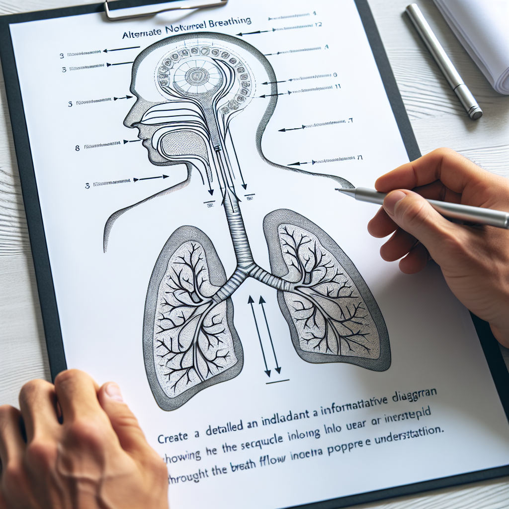 A detailed diagram showing the steps of alternate nostril breathing with clear arrows indicating the flow of breath through each nostril.