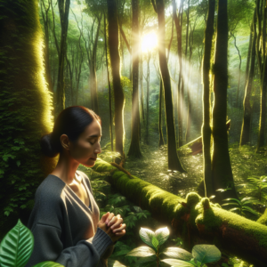 A lush, dense forest with sunlight filtering through the canopy. A person stands quietly among the trees, eyes closed, taking deep breaths and soaking in the peaceful atmosphere.