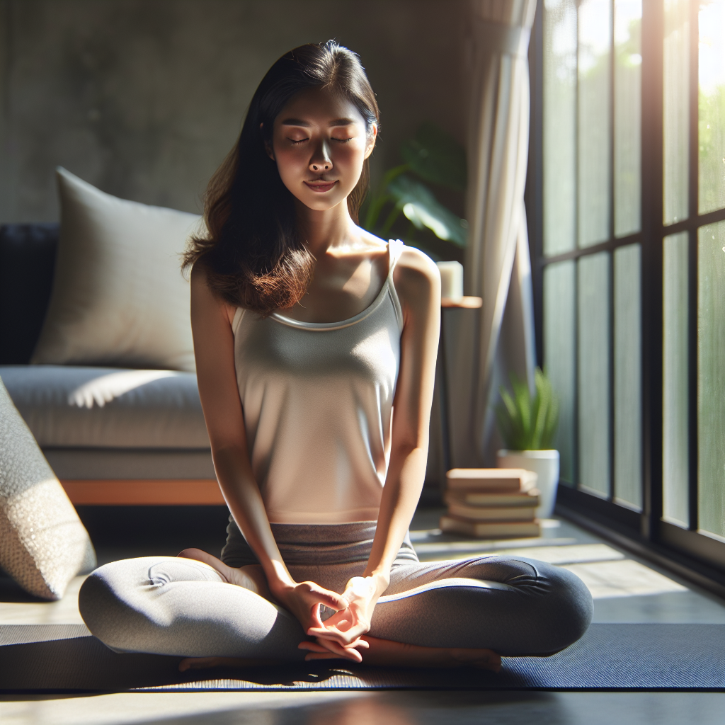 A person sitting cross-legged on a yoga mat in a minimalistic room, facing a large window with sunlight streaming in