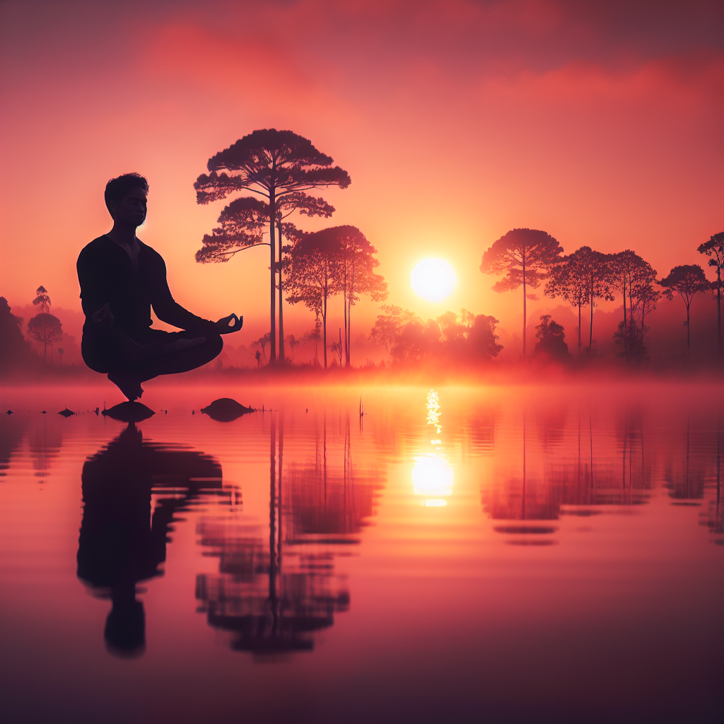 Serene morning scene with a person meditating at sunrise