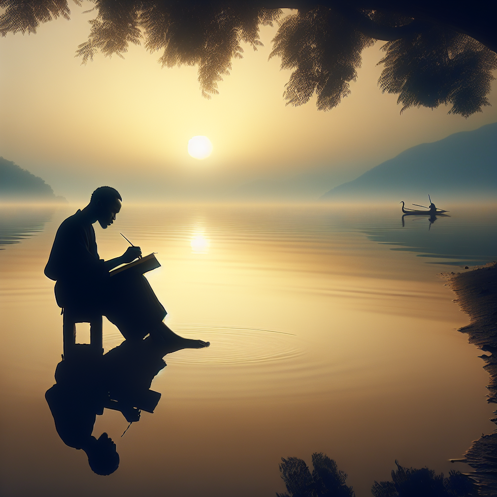 A serene scene with a person sitting by a lake at sunrise, writing in a journal. The calm water and gentle sunlight symbolize the reflective and introspective nature of journaling.