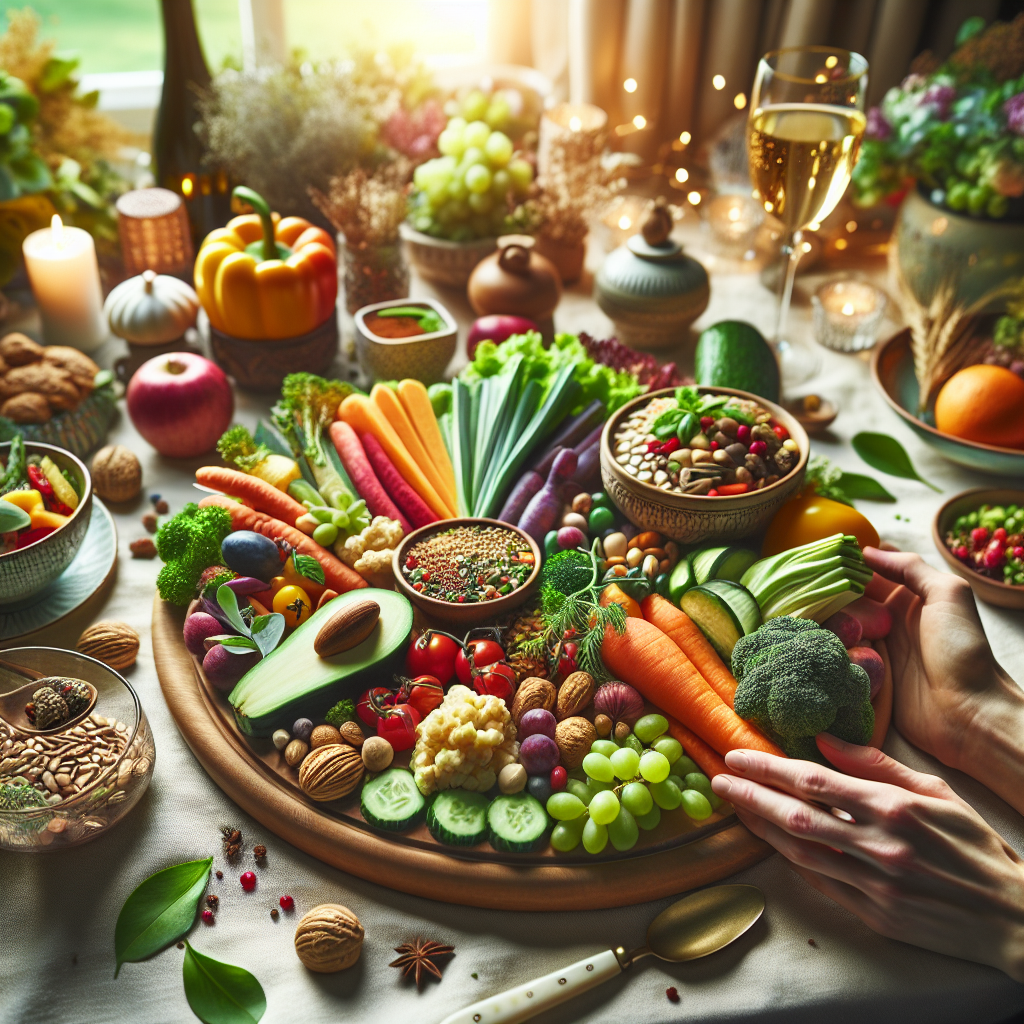 A close-up shot of a beautifully arranged healthy meal on a table, with vibrant colors and textures, emphasizing mindful eating and appreciation of food.