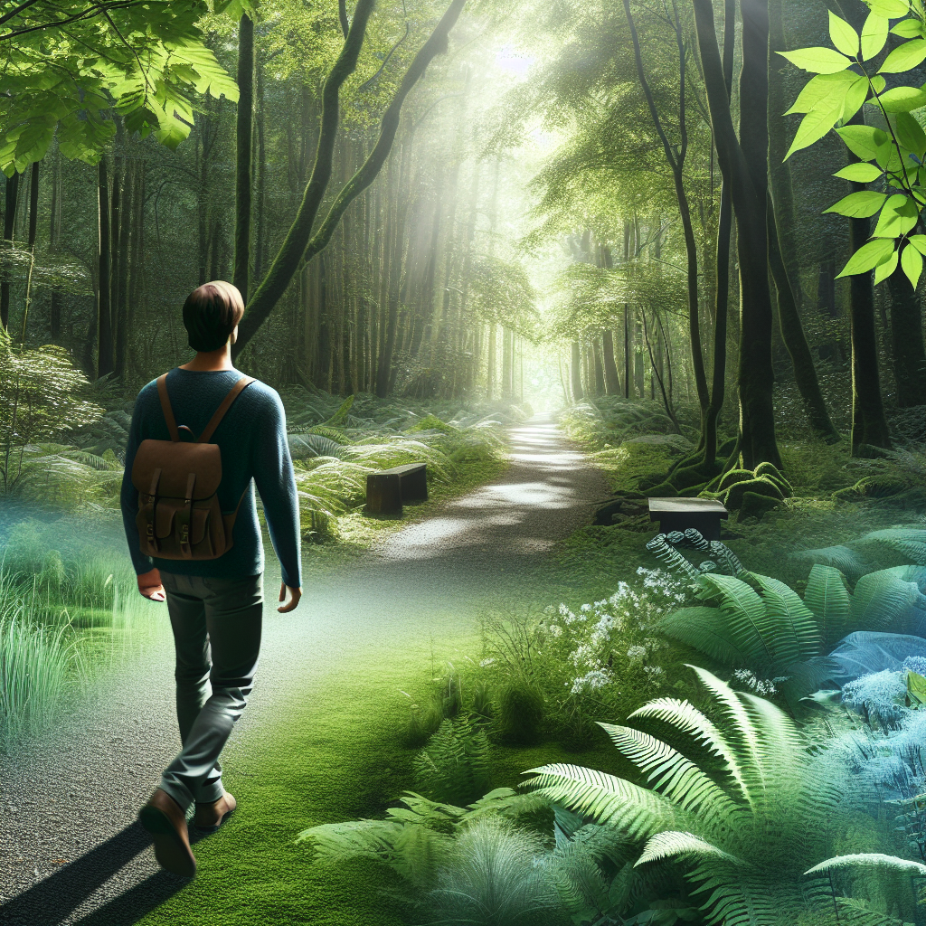 A picturesque scene of a person walking on a forest trail, surrounded by lush greenery and the calmness of nature, highlighting the benefits of mindfulness in natural settings.