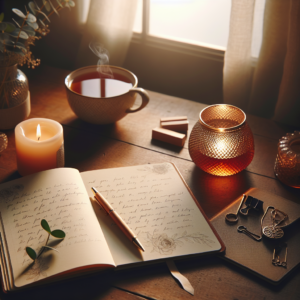 A serene desk setup with an open journal featuring handwritten notes, a lit candle, and a cup of herbal tea. Warm, natural light filters through a nearby window, creating a peaceful ambiance that invites introspection.