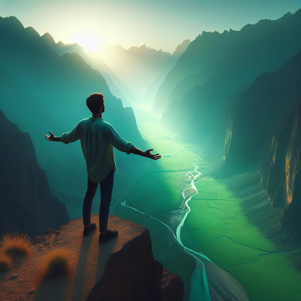 A person standing at the edge of a breathtaking mountain cliff