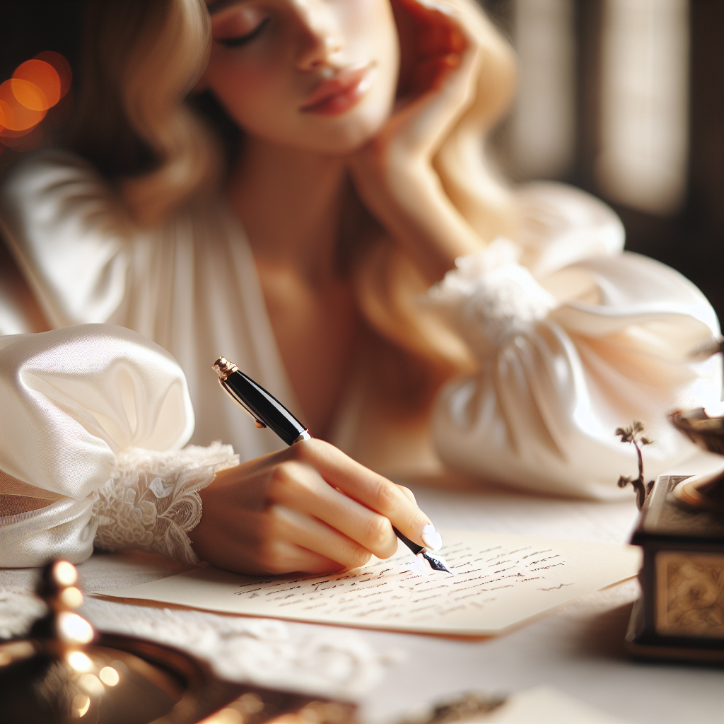 A close-up shot of a hand writing a letter on elegant stationery