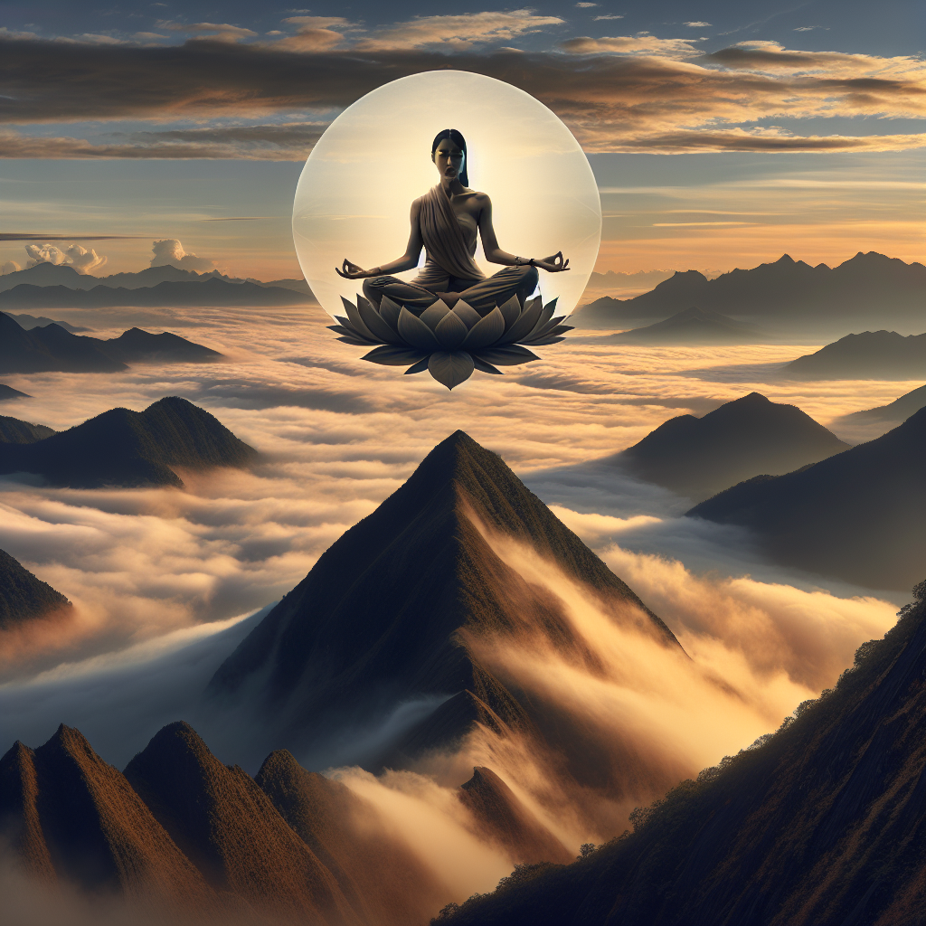 A serene scene with a person sitting in lotus position on a mountain top at sunrise, overlooking a valley filled with morning mist, symbolizing the beginning of a spiritual journey and awakening.