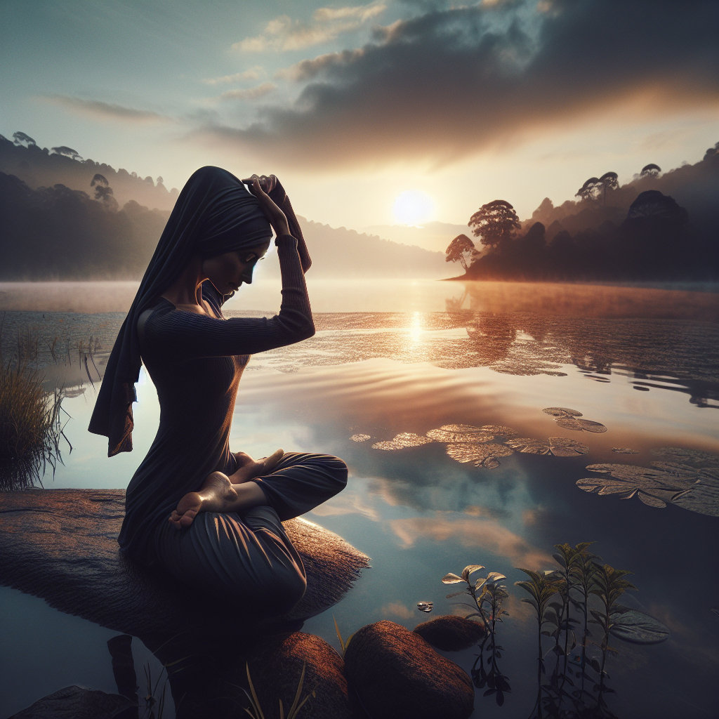 A serene morning landscape with a person practicing yoga by a calm lake, symbolizing the harmonious connection and inner peace aimed at through intuitive living.