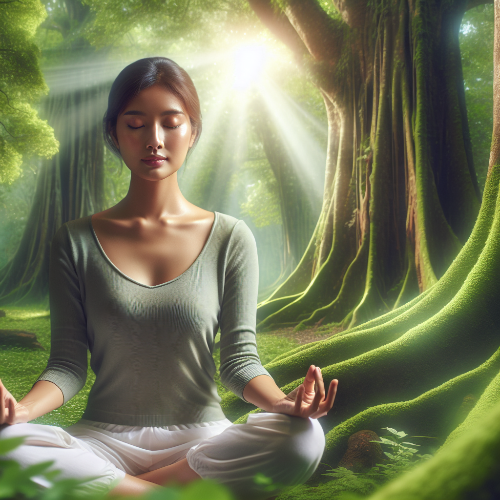 A serene image of a person meditating in nature, with soft sunlight filtering through the trees, symbolizing the connection between mindfulness and recognizing natural hunger signals.