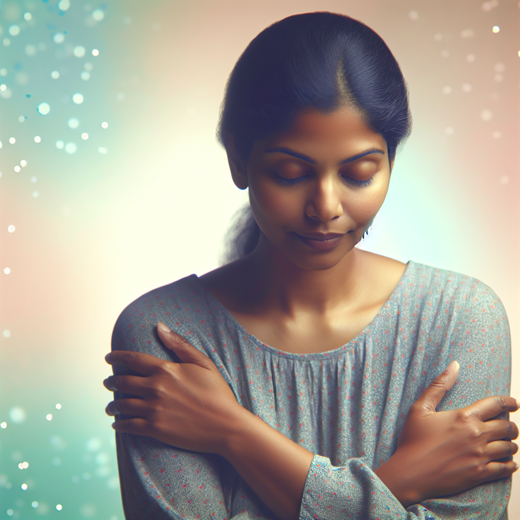 A serene image of a person gently hugging themselves, eyes closed in peaceful reflection, set against a soft pastel background, symbolizing self-compassion and kindness.