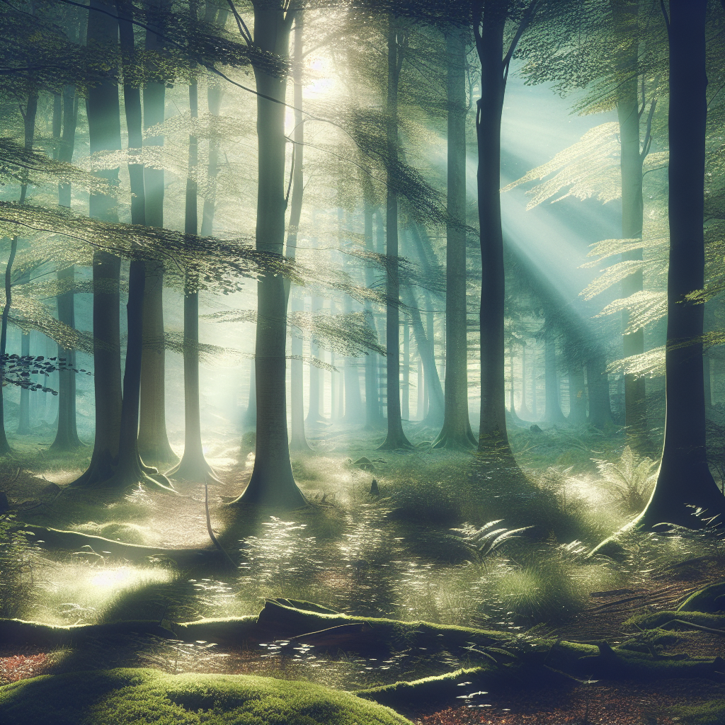 A serene landscape of a quiet forest with soft sunlight filtering through the trees, inviting a sense of tranquility and mindfulness.