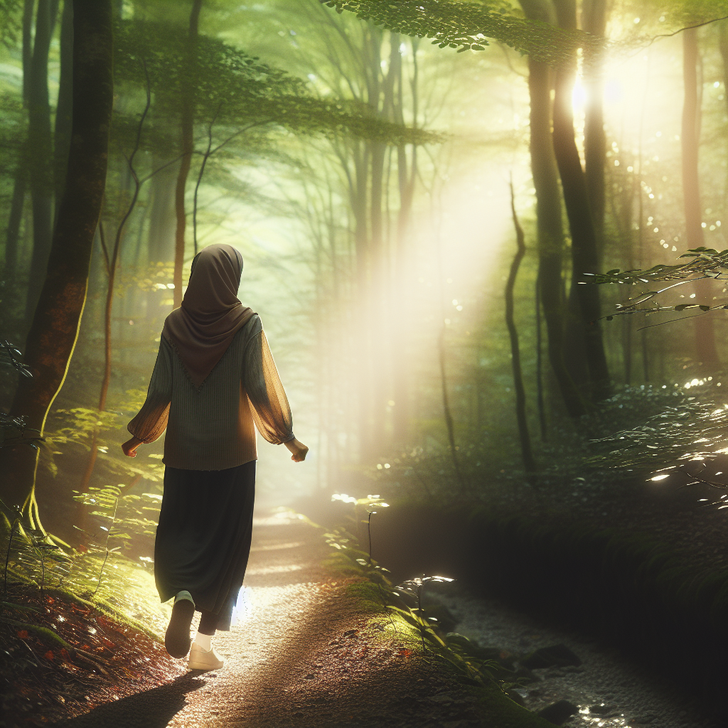 A serene forest path with sunlight filtering through the trees. A person is captured mid-step, walking slowly while looking around, fully immersed in the surroundings.