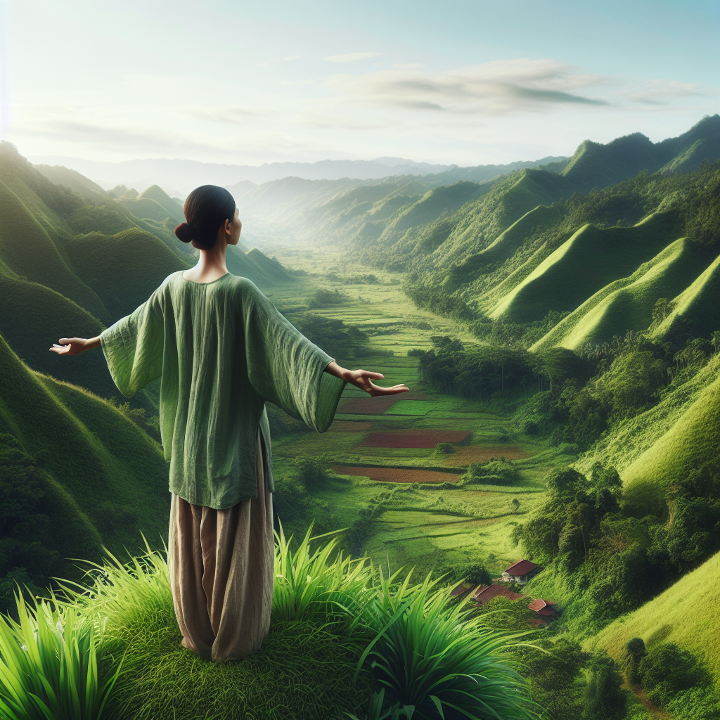 A serene landscape of a lush green valley with a clear blue sky, representing the abundance of nature. There's a person standing with open arms atop a hill, symbolizing the open acceptance of life's riches.