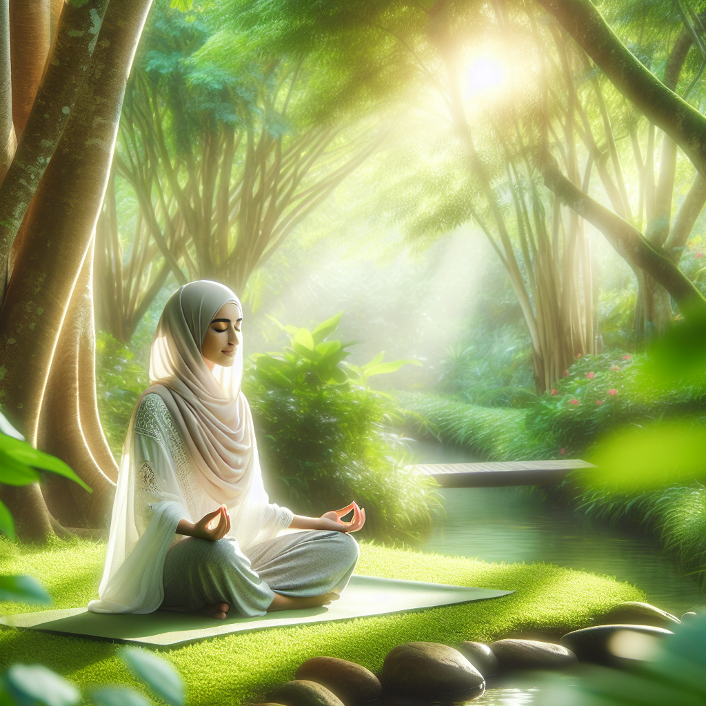 A serene image of a person sitting cross-legged on a yoga mat, eyes closed, and meditating in a lush, tranquil garden. Soft sunlight filters through the trees, casting a calming glow.