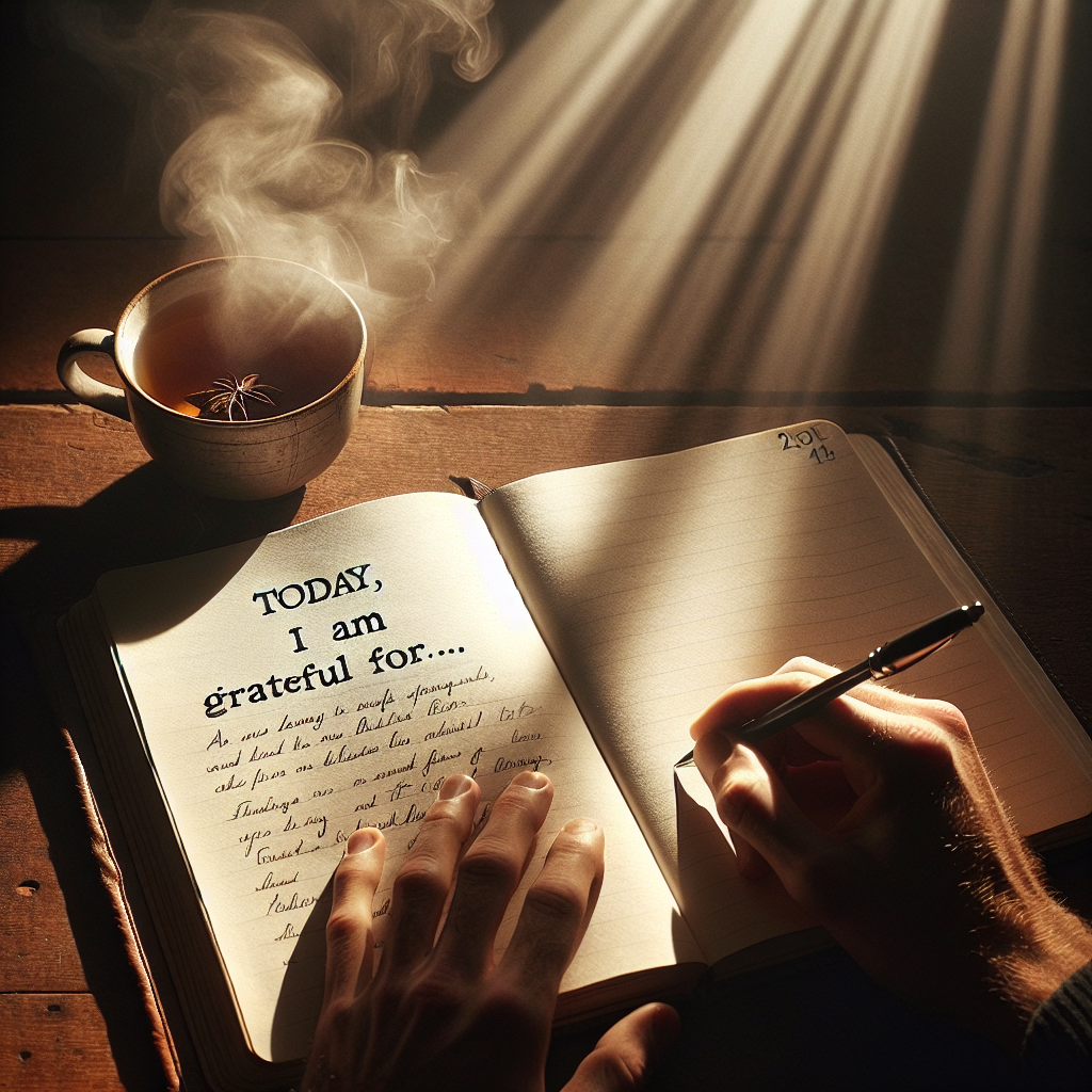 An open journal on a wooden table with a hand holding a pen, writing 'Today, I am grateful for...' next to a steaming cup of tea, soft sunlight illuminating the scene, casting a warm and serene glow.