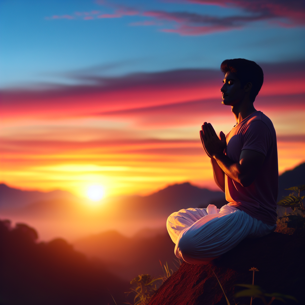 A serene image of a beautiful sunrise, with a peaceful individual sitting on a hill, eyes closed, and hands in a prayer or gratitude pose, reflecting on the day's blessings. The soft, warm colors evoke a sense of hope and positivity.