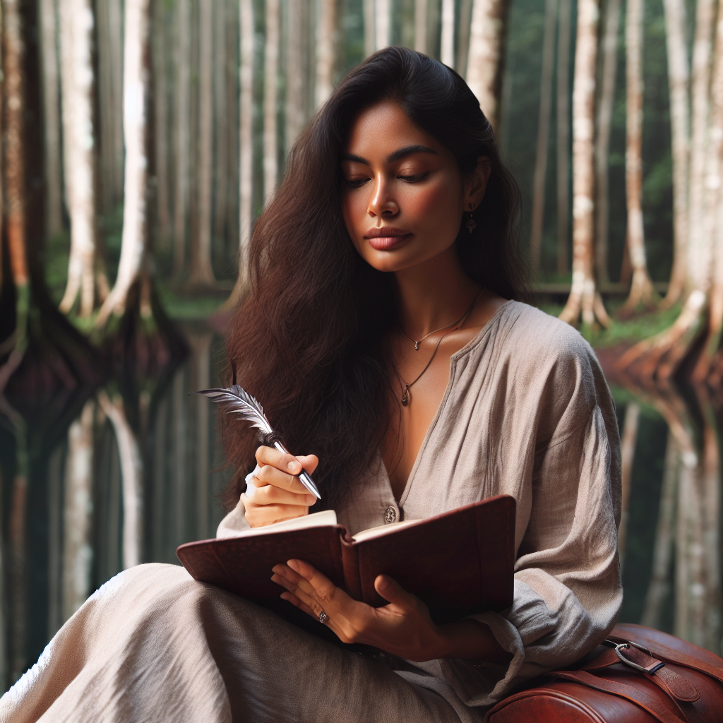 A person sitting in a serene natural setting, possibly near a lake or in a forest, with a journal and pen in hand, deep in thought, reflecting the process of introspection and identifying desires.