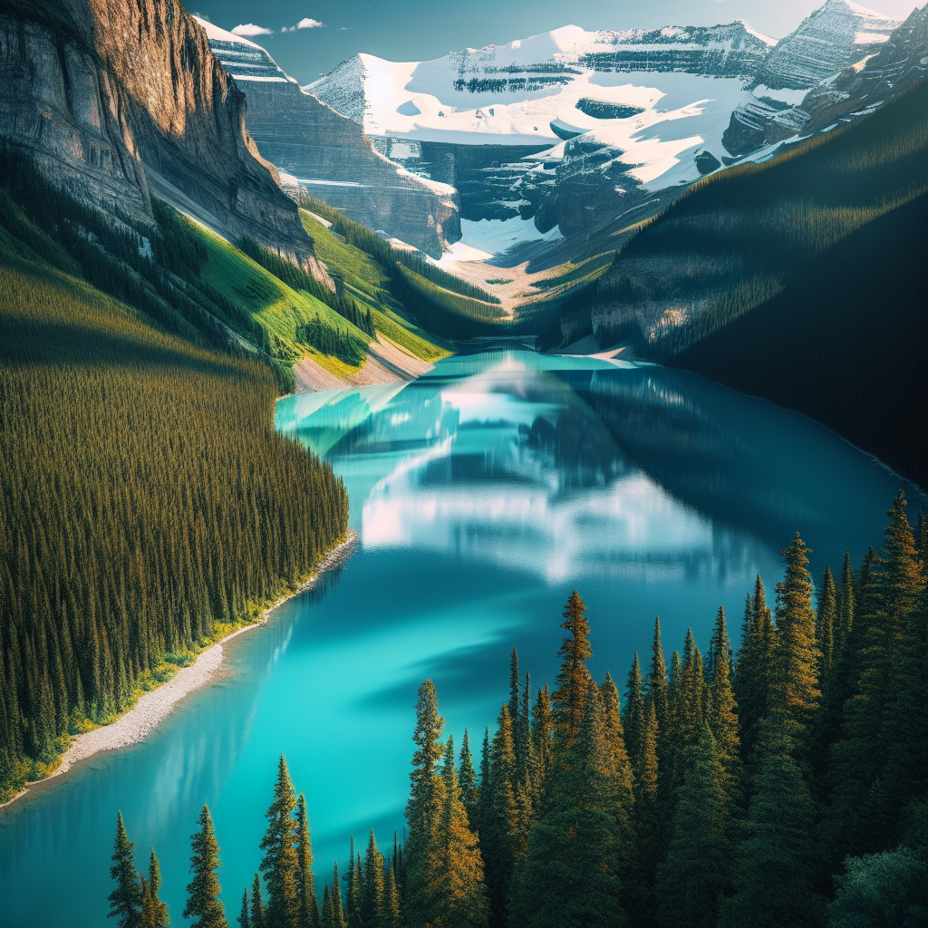 A panoramic view of Lake Louise with its turquoise waters, surrounded by snow-capped peaks and a lush green forest. The reflection of the mountains in the clear lake provides a serene and tranquil setting.