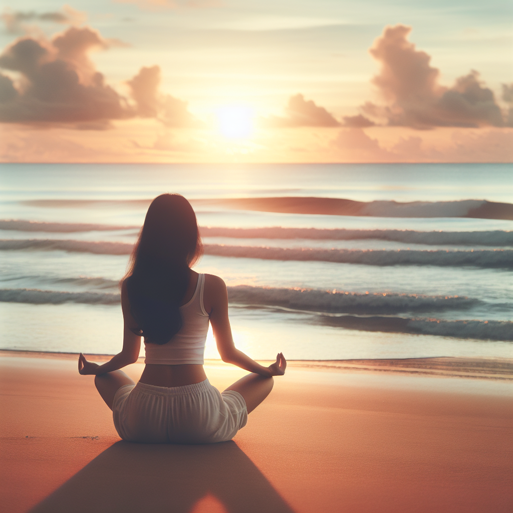 A serene morning scene with the soft glow of dawn, featuring a person in a meditative pose on a quiet beach, facing the calm ocean. The image exudes tranquility, with gentle waves and a pastel-colored sky, symbolizing the peaceful start of a day.