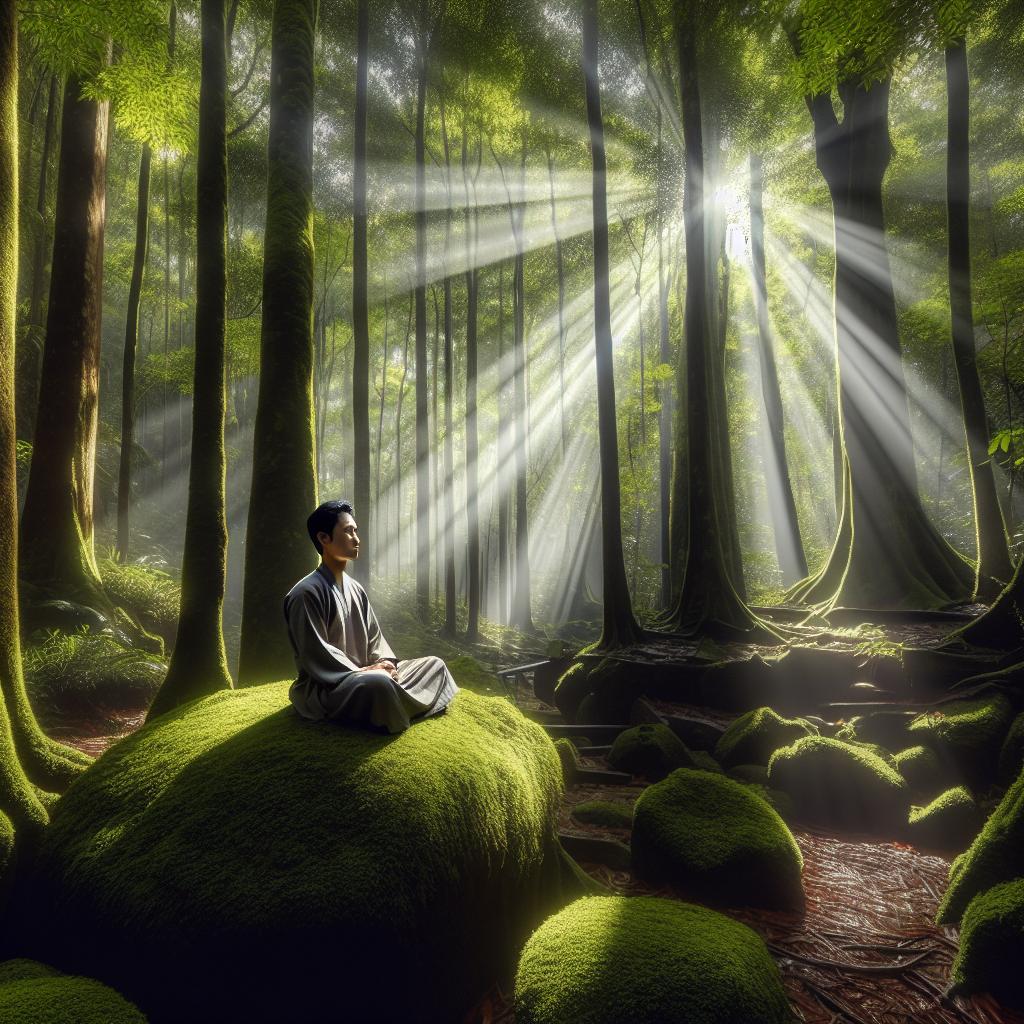 A serene forest scene with dappled sunlight piercing through a canopy of tall trees, creating a calming atmosphere. A person is seen sitting quietly on a moss-covered rock, eyes closed, embodying a state of deep relaxation and mindfulness.