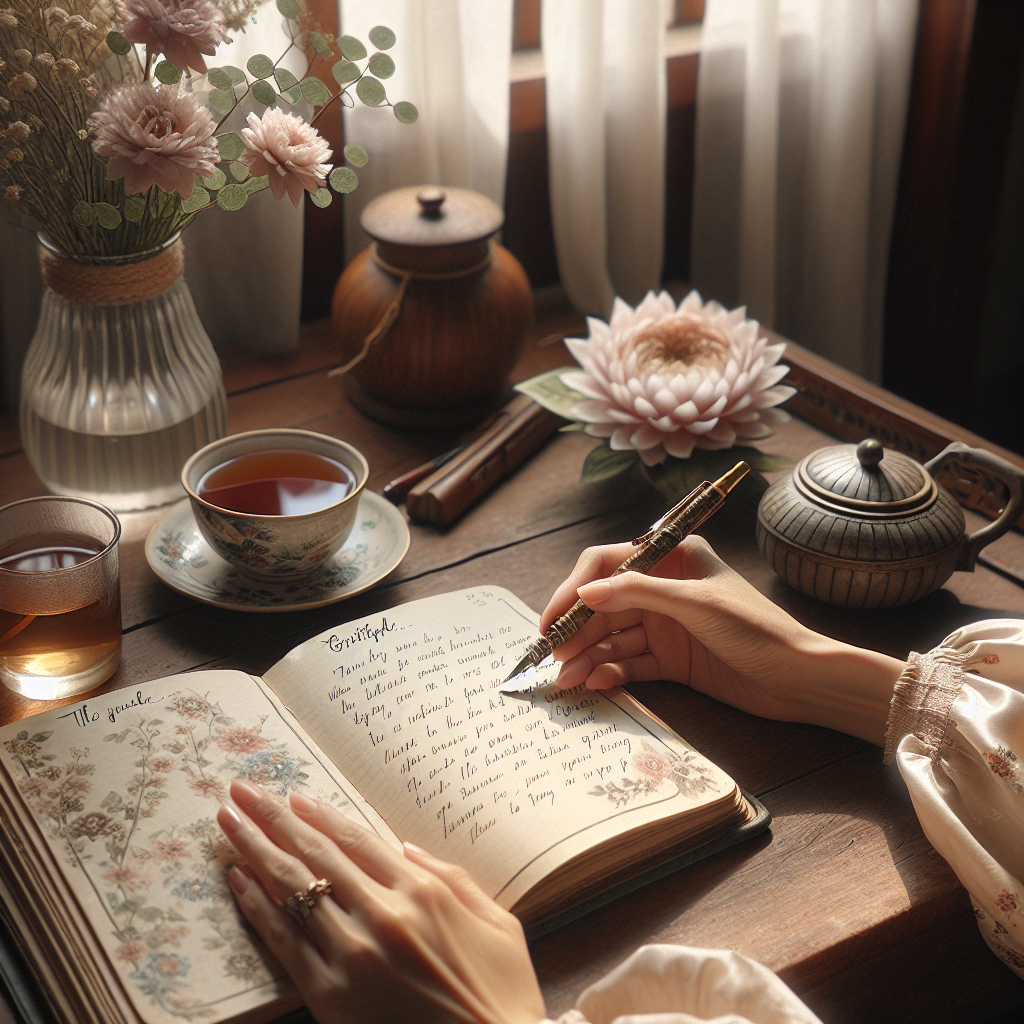 A serene journal open to a page filled with handwritten notes of gratitude. The scene is set at a cozy wooden desk with a warm cup of tea, a soft pen in hand, and a vase of fresh flowers nearby, capturing the essence of reflecting on life's blessings.