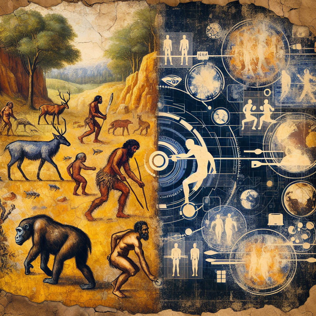 An ancient cave painting of early humans hunting, juxtaposed with modern digital imagery, symbolizing the span of human history covered in the book.