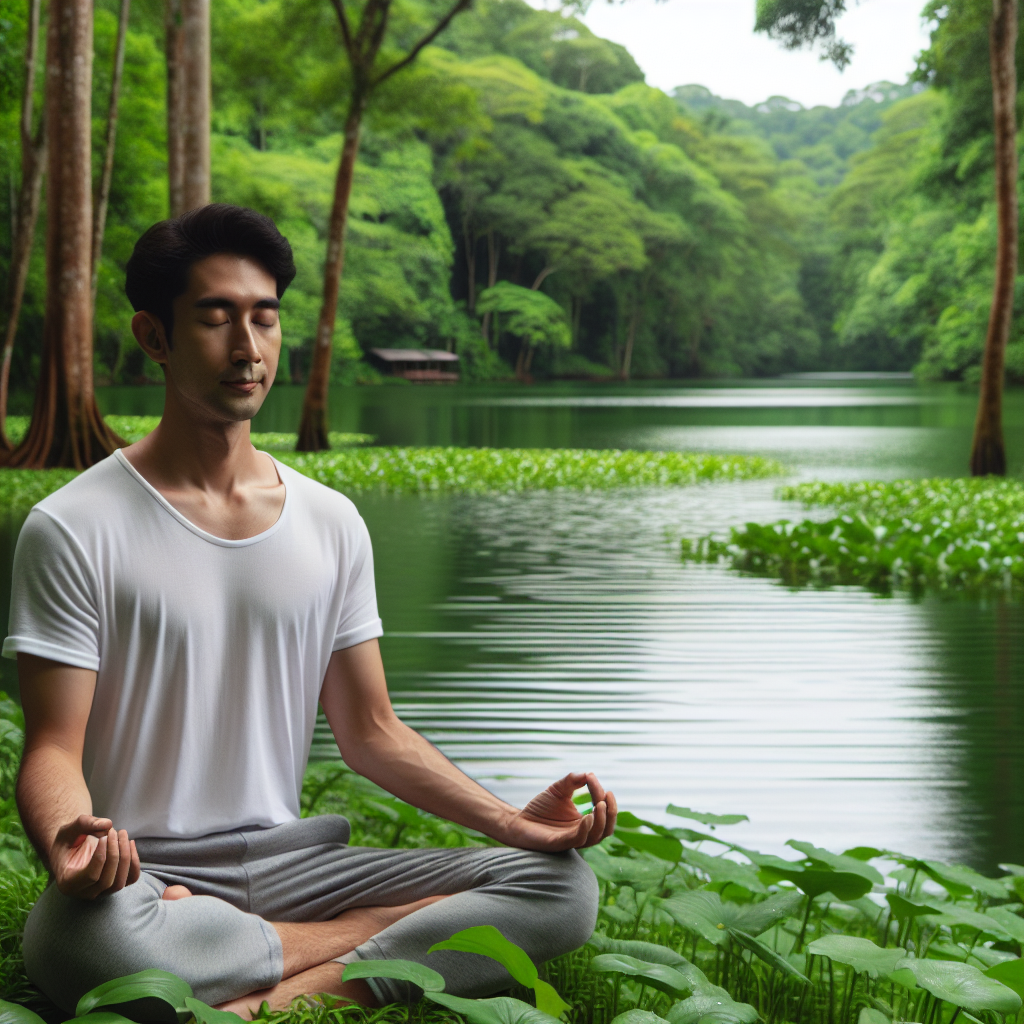 A serene environment with a person meditating in a quiet, natural setting. The individual is seated in a cross-legged position, eyes closed, with a calm expression, surrounded by greenery and a tranquil lake in the background.
